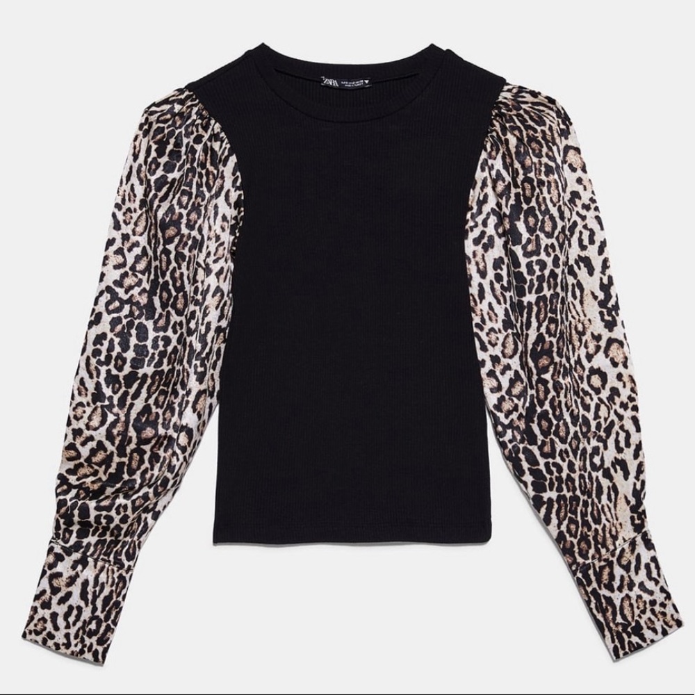 NWT Zara Black Knit Top Leopard Animal Print Satin Puff Sleeves Small Gorgeous!!
